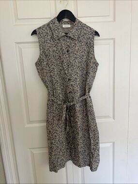 100% Linen - Sleeveless Collared Tie-Waist Floral Shirt Dress - Beige/Blue